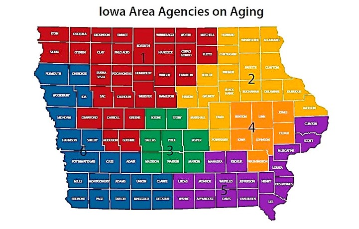 Map of the six divisions of the Iowa Area Agencies on Aging