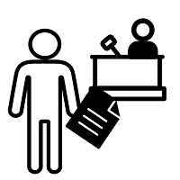 Icon of a person standing in front of a judge with a document