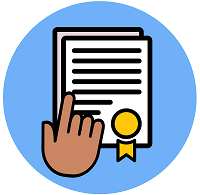 Hand pointing to documents with a gold ribbon