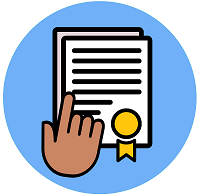 Hand pointing to document with gold ribbon