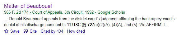 Google Scholar result for Matter of Beaubouef, 866 F.2d 174, showing that it has been cited 434 times 