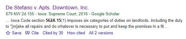 Google Scholar result for the case De Stefano v Apts Downtown Inc., 879 NW 2d 155, showing it has been cited 30 times