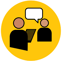 Icon of two people, one who is looking at a document and the other who is talking