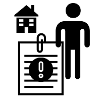 Icon of a person standing by a house and a piece of paper with an exclamation point